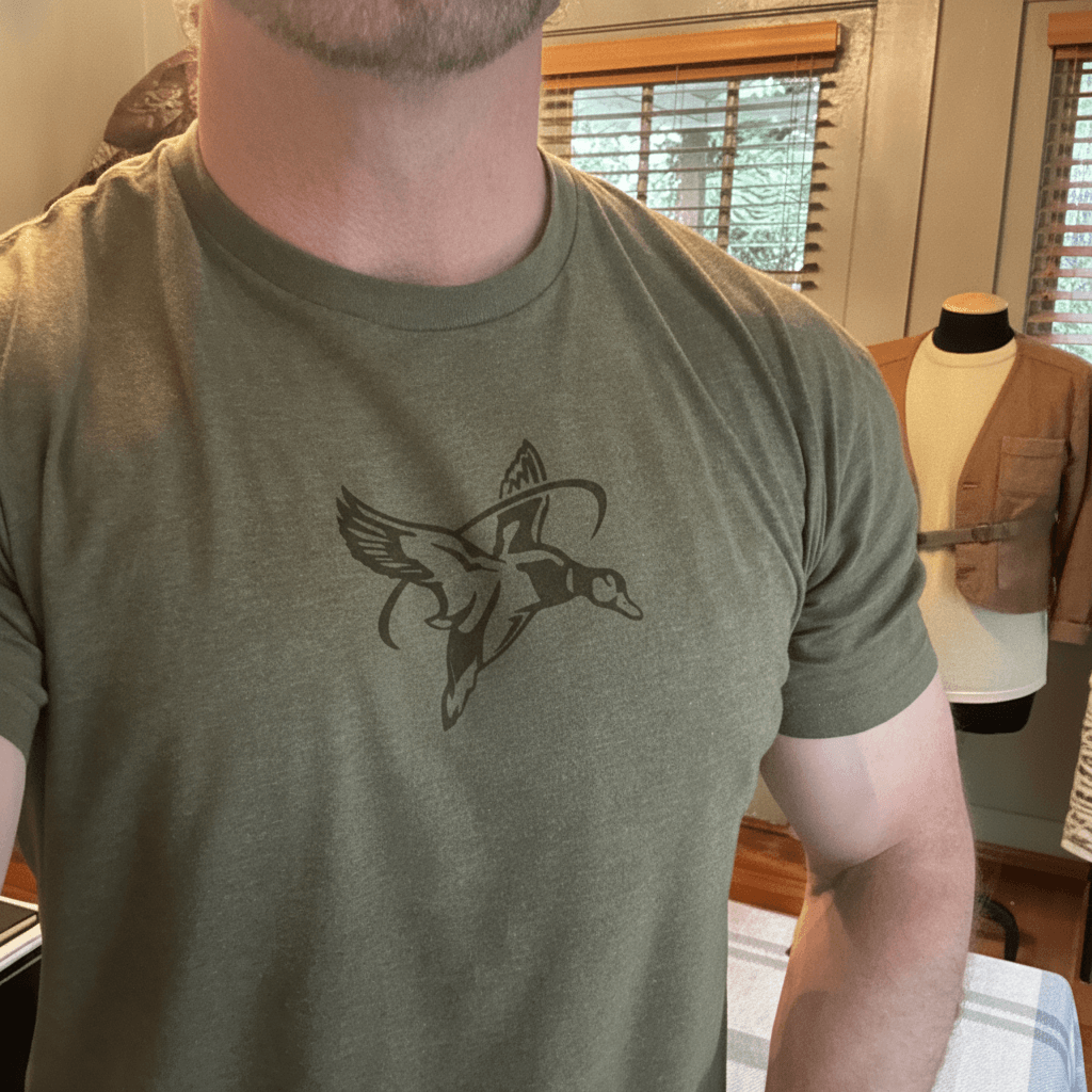 OD green tee with the duck mark printed center chest