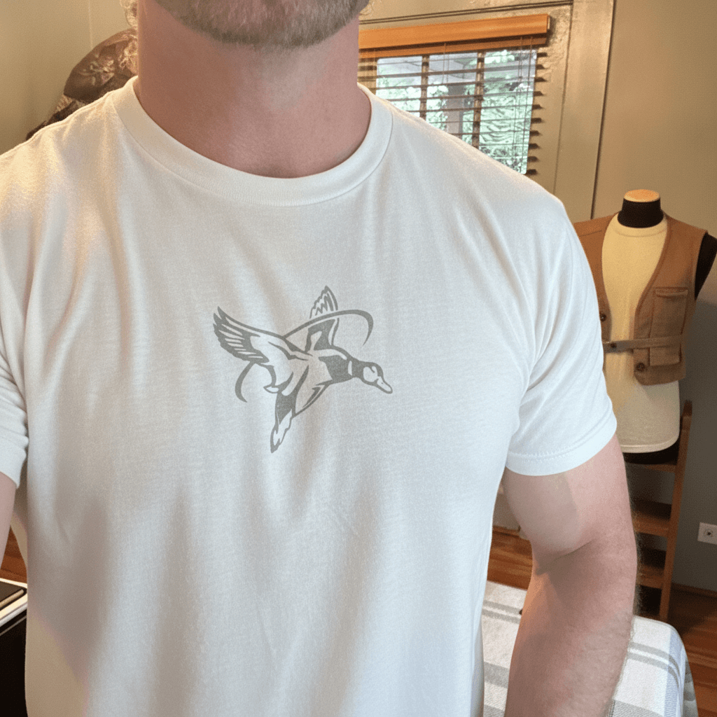 White tee with the duck mark printed center chest