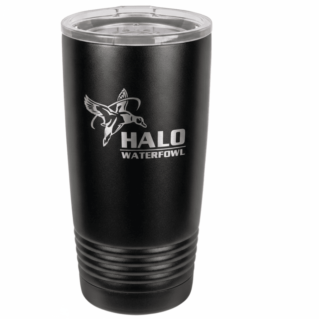 Black 20oz tumbler with the engraved Halo lockup