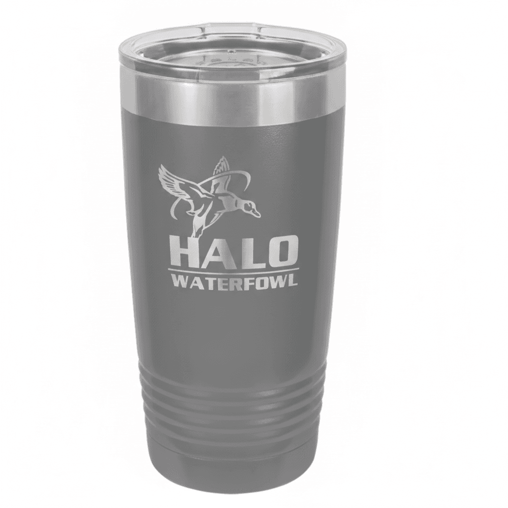 Gray 20oz tumbler with the engraved Halo lockup