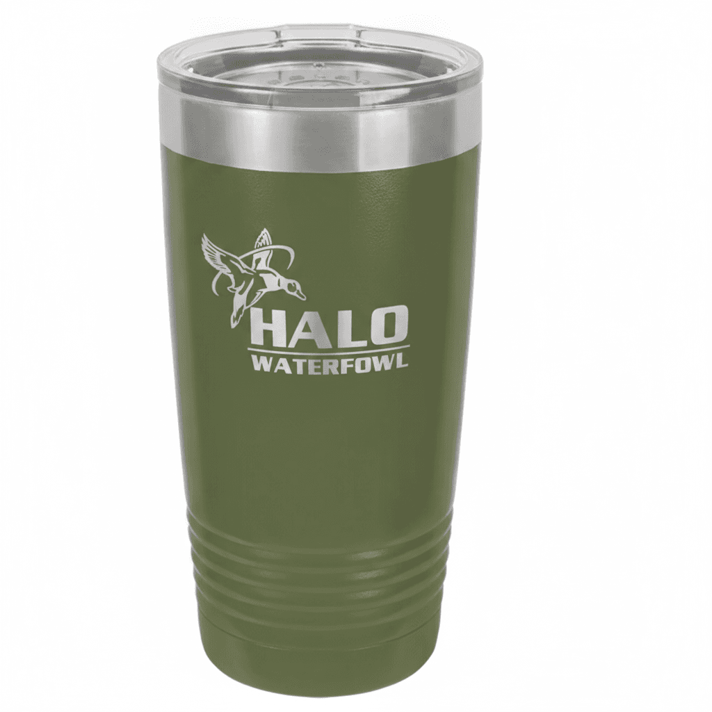 Olive 20oz tumbler with the engraved Halo lockup