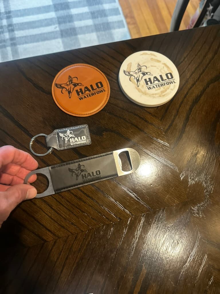 Engraved coasters, keychain, and bottle opener