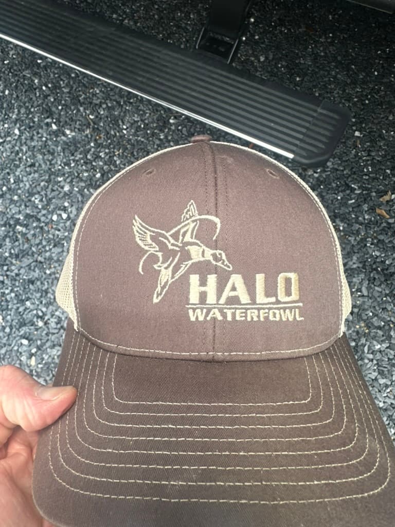 Brown and khaki trucker hat with tan logo