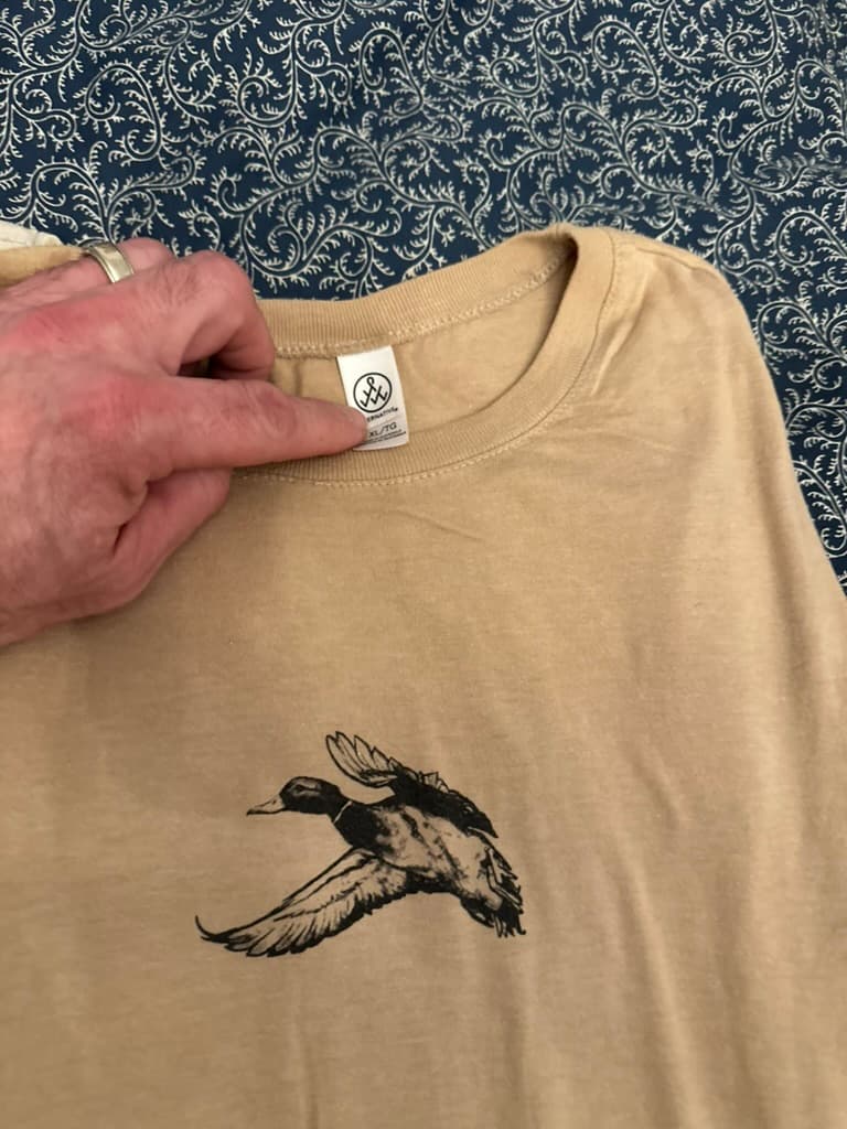 Camel tee with landing mallard print